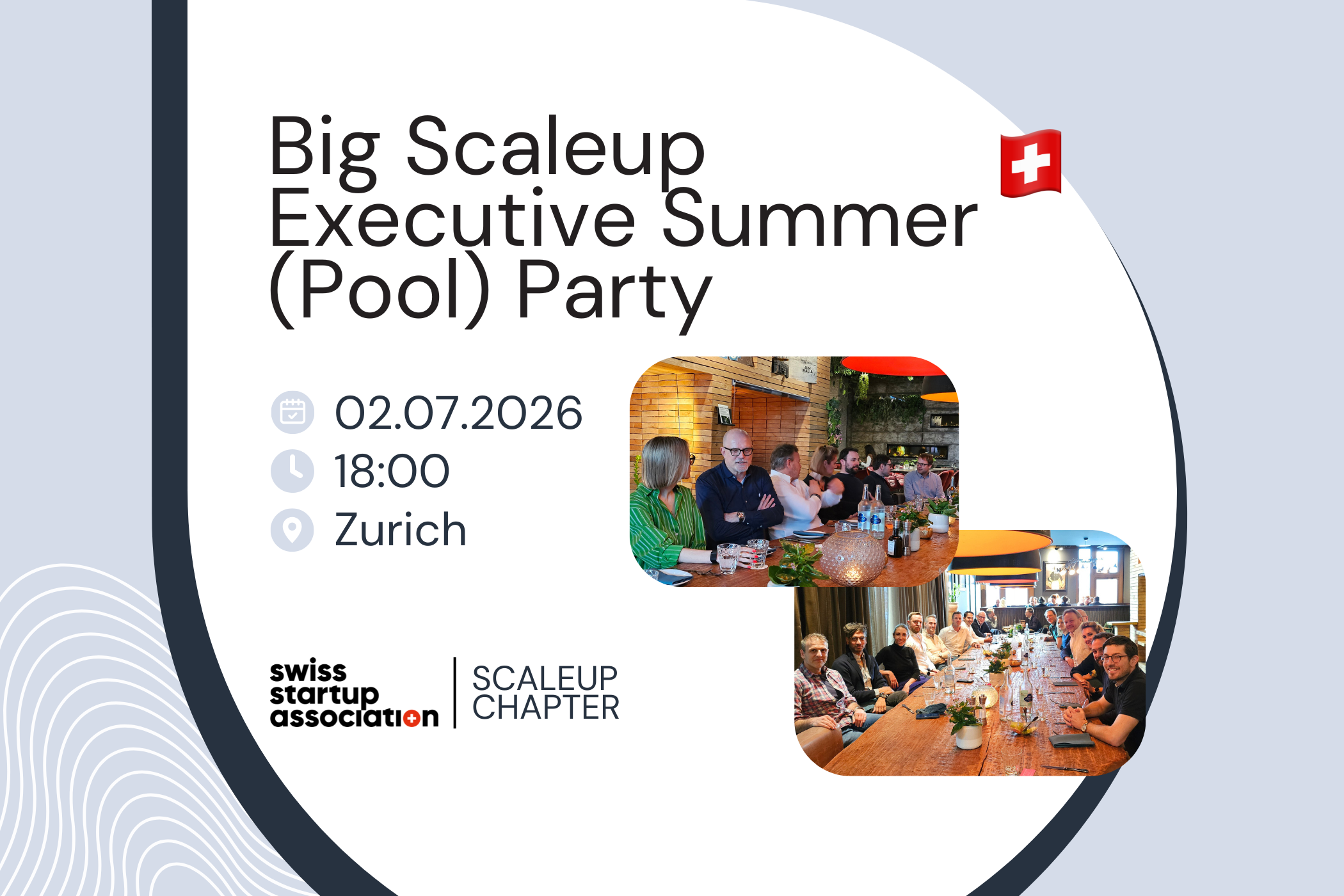 The Big Scaleup Executive Summer Party brings together CxOs and VPs of Swiss scaleups for curated, high-level exchange in a relaxed setting.